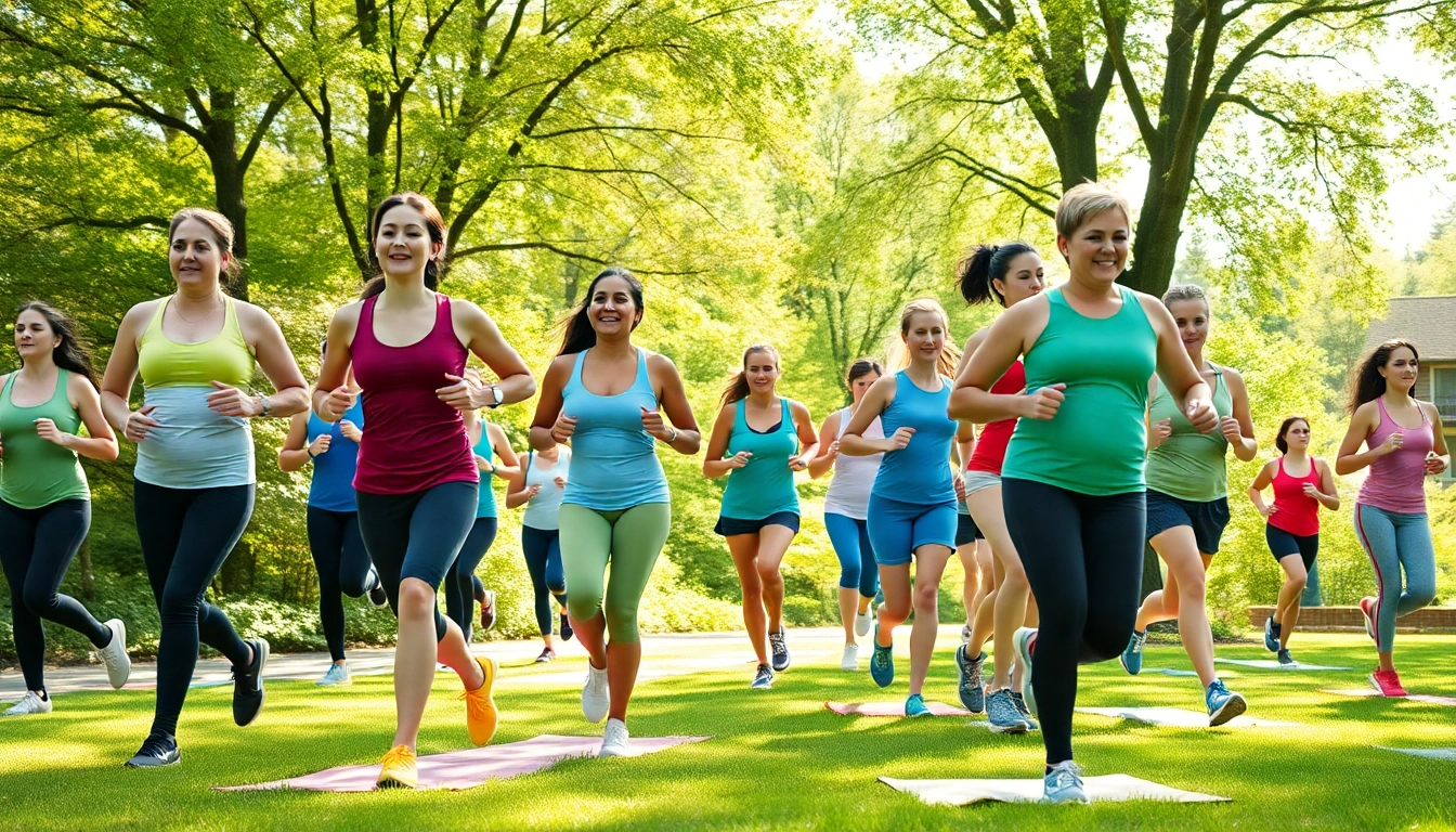Active individuals engaging in weight loss activities in a vibrant outdoor setting, showcasing diversity and fitness.