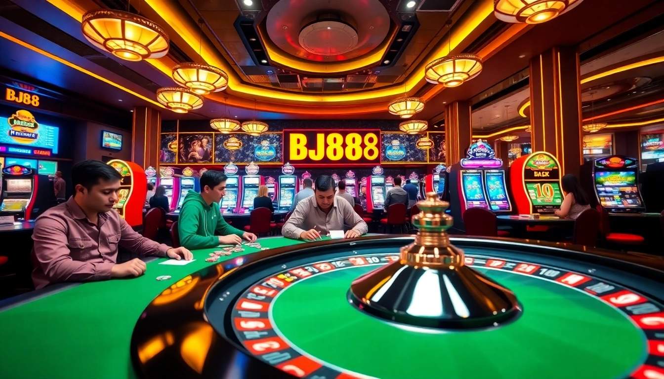 Experience the thrill of BJ88 at a lively casino with players enjoying poker, slot machines, and a spinning roulette wheel.