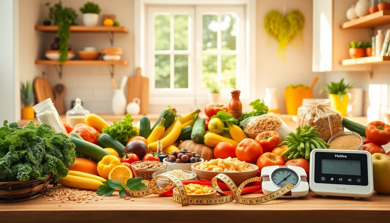 A vibrant kitchen scene promoting weight loss with healthy foods and snacks, bright colors, and natural light.