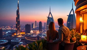 Capture a romantic sunset view over Dubai while traveling to Dubai, featuring iconic landmarks.