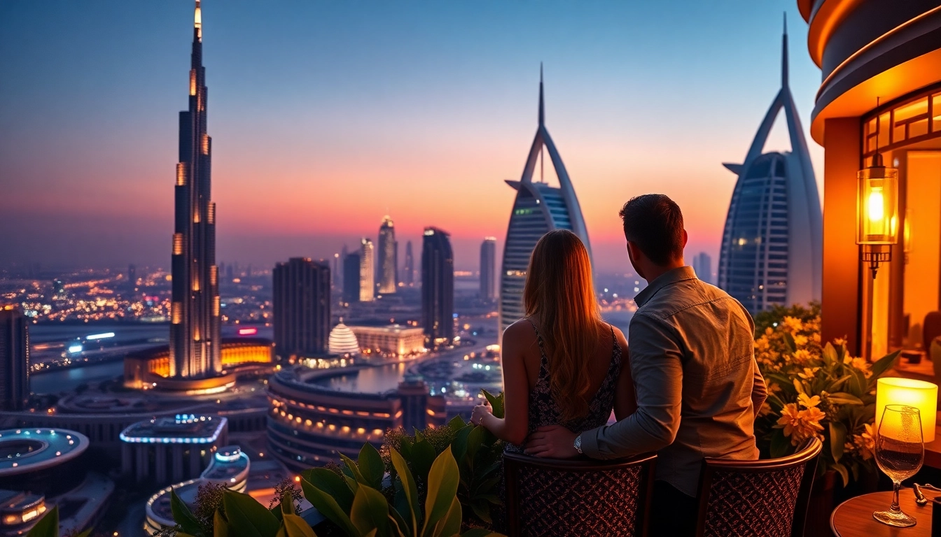Capture a romantic sunset view over Dubai while traveling to Dubai, featuring iconic landmarks.