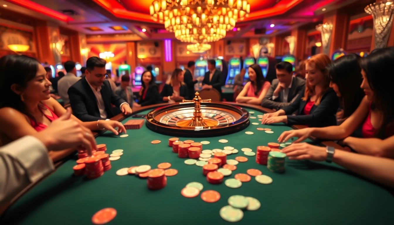 The scene at https://nhacaiuytin.place/ showcases an engaging poker table with colorful chips and players, perfect for a casino atmosphere.