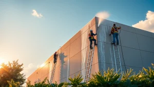 Professional team engaged in exterior cleaning, showcasing techniques and equipment for effective service.