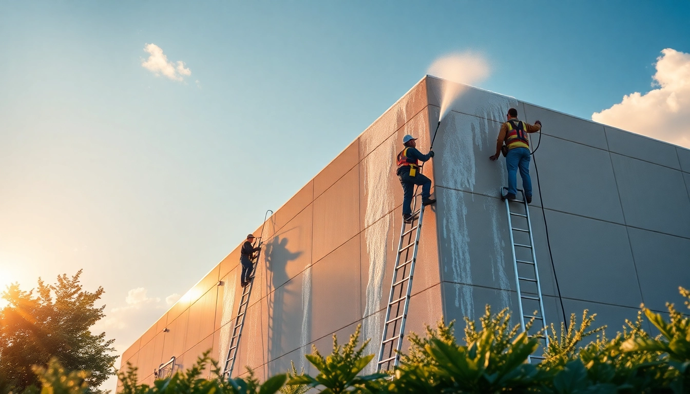 Professional team engaged in exterior cleaning, showcasing techniques and equipment for effective service.