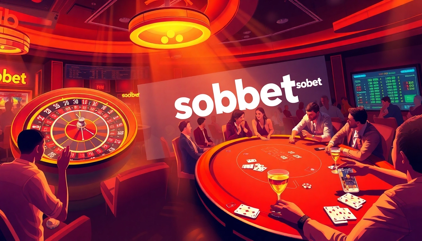SBOBET logo amid a lively casino scene featuring a roulette table and enthusiastic players betting on sports events.