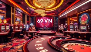 Players enjoying poker and blackjack at 69VN's vibrant casino floor.