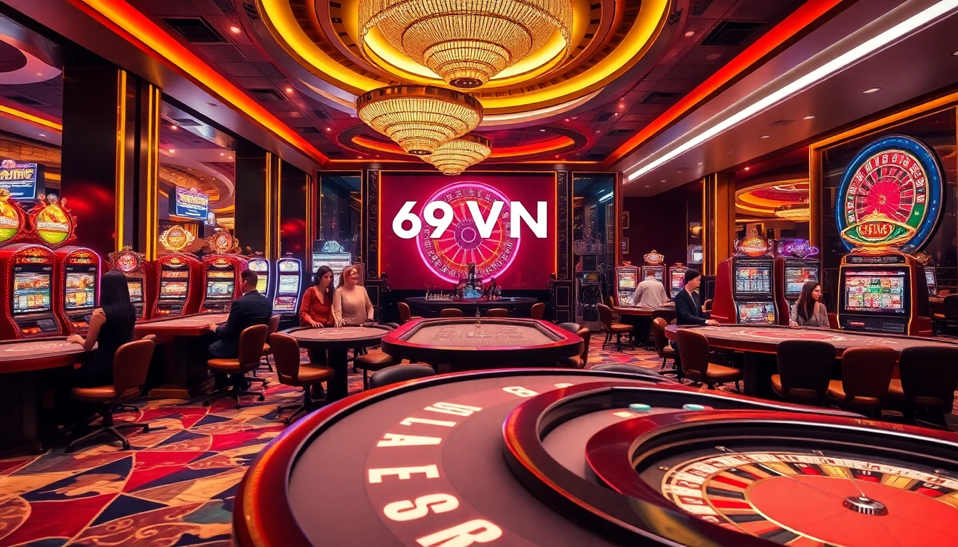 Players enjoying poker and blackjack at 69VN's vibrant casino floor.