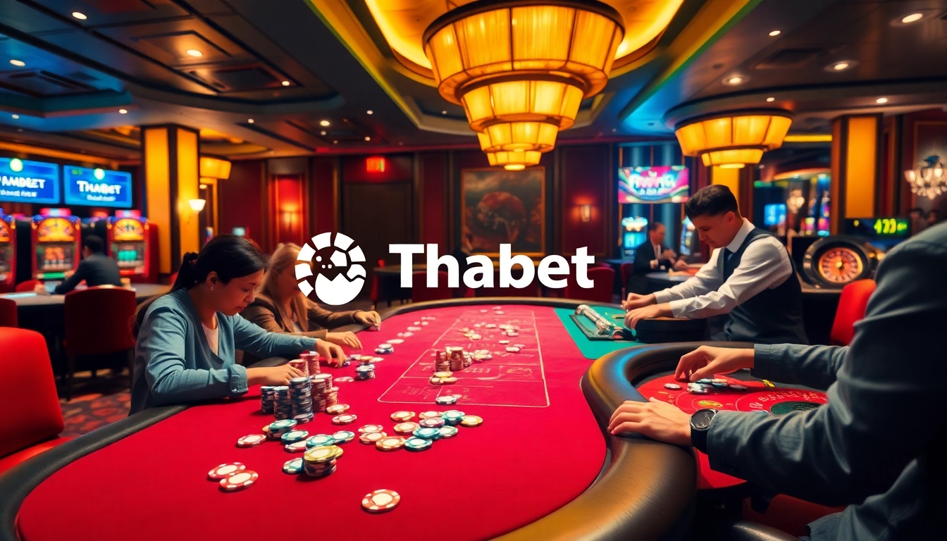 Thabet casino experience showcasing poker and blackjack tables filled with enthusiastic players in a vibrant gambling atmosphere.