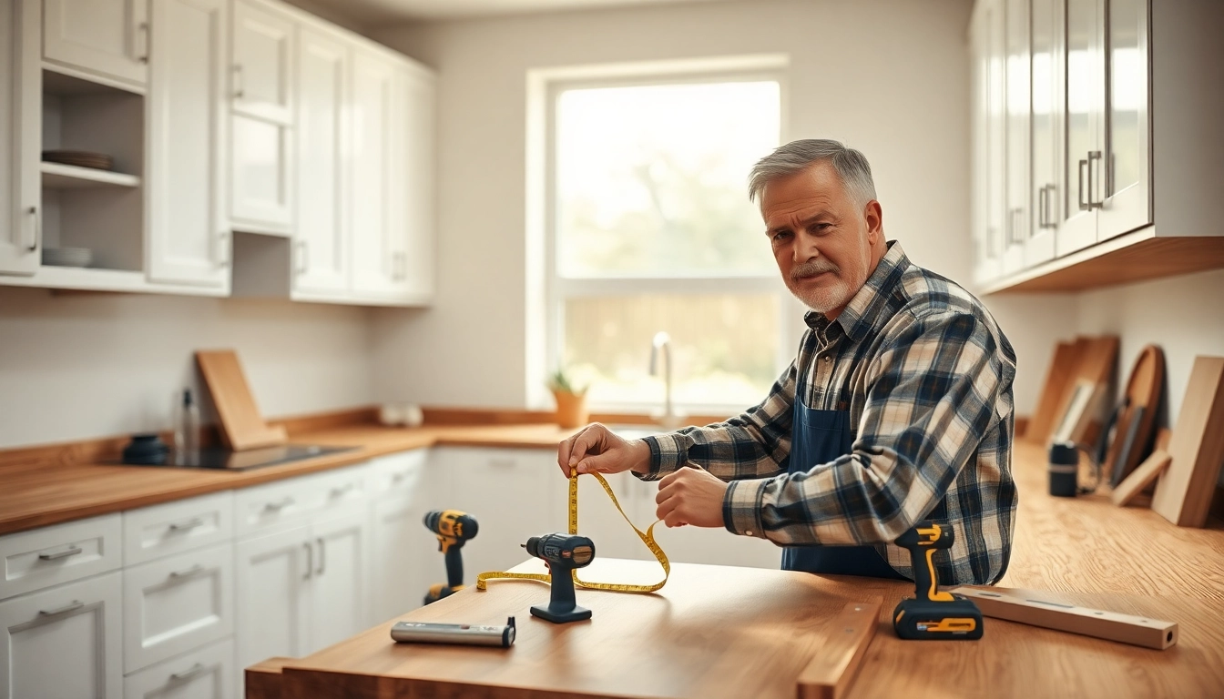 Skilled kitchen fitters measuring cabinetry in a modern kitchen setting, showcasing professionalism and expertise.