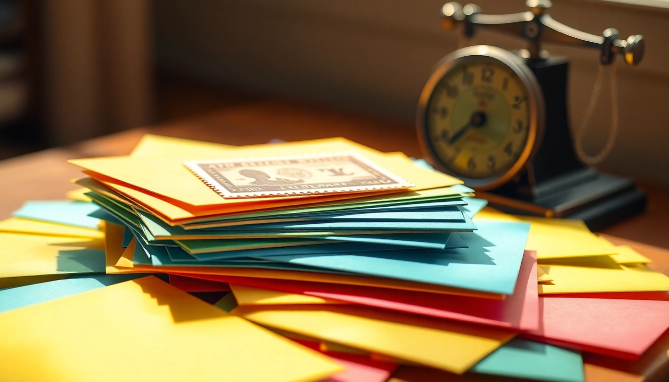 Discover affordable postage stamps beautifully arranged on colorful envelopes, inviting cheerful correspondence.