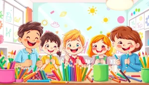 Children joyfully creating art with kids colouring pencils, showcasing creativity and fun.