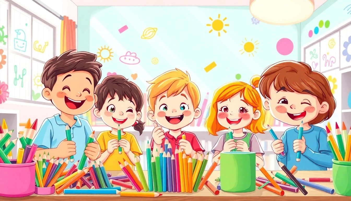 Children joyfully creating art with kids colouring pencils, showcasing creativity and fun.