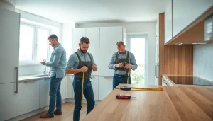 Skilled kitchen fitters measuring and assembling modern cabinetry in a bright kitchen.