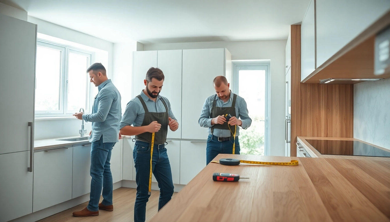 Skilled kitchen fitters measuring and assembling modern cabinetry in a bright kitchen.
