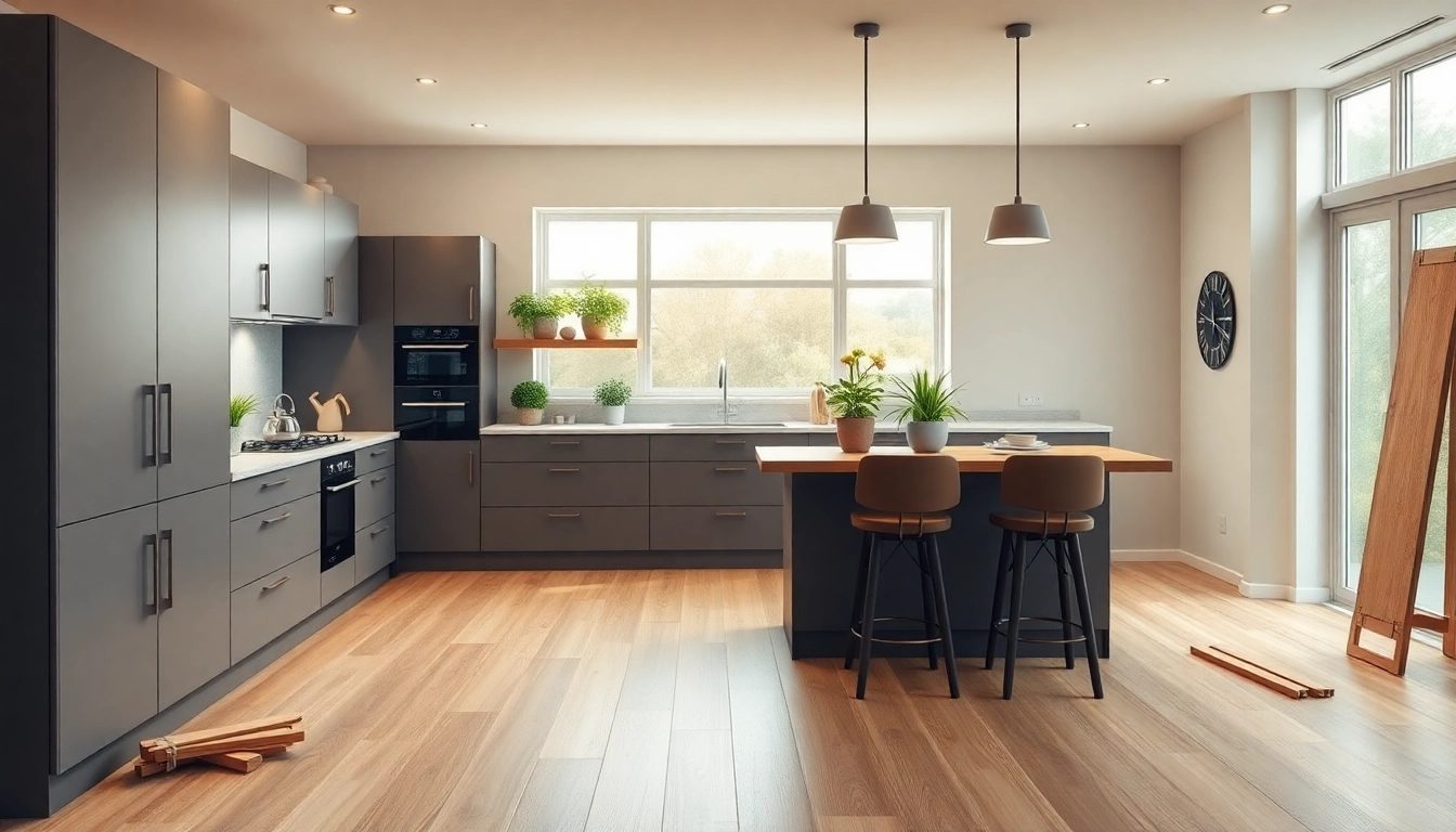 Kitchen fitters expertly installing a modern kitchen with elegant cabinetry and a spacious island.