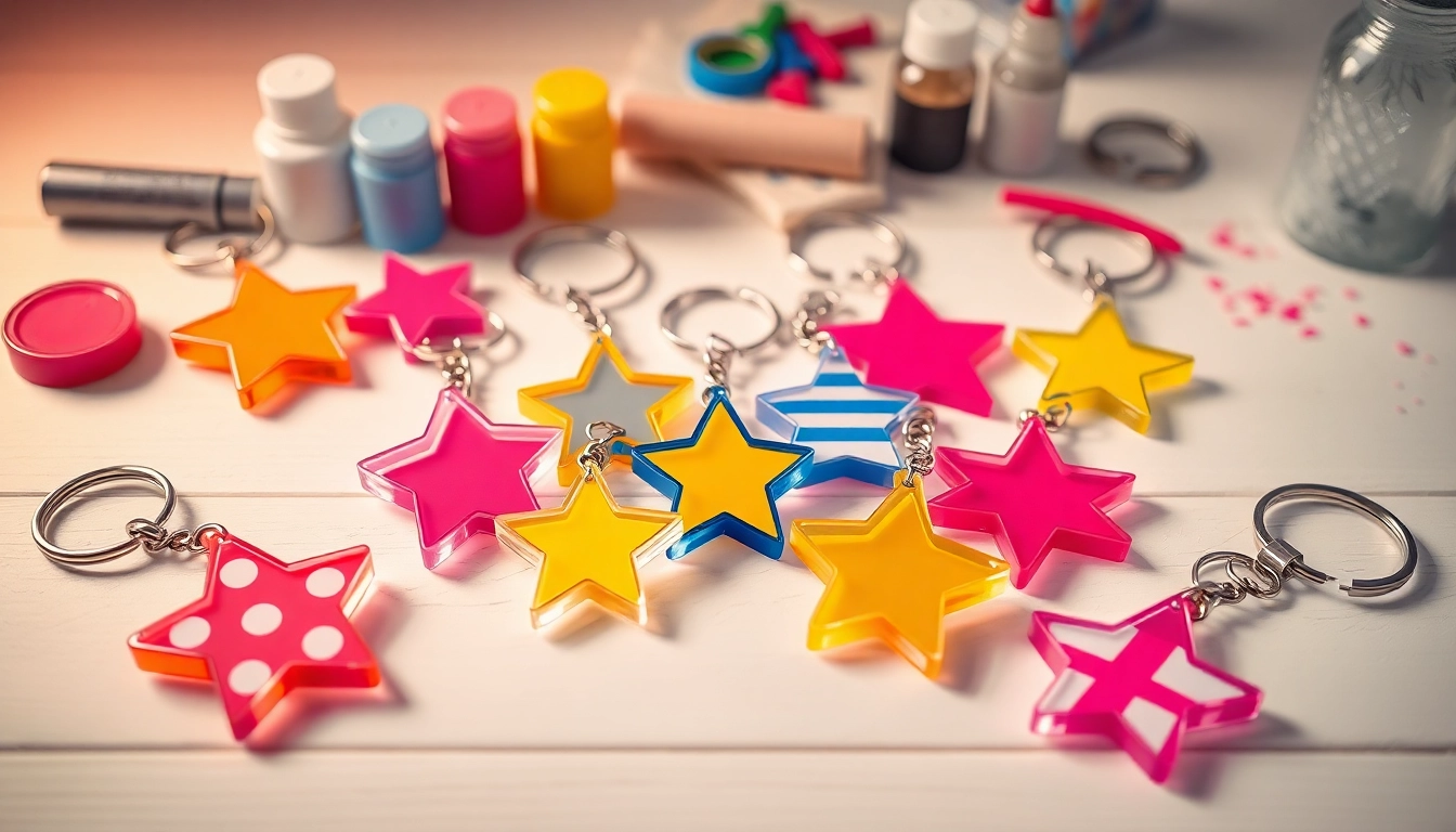 Showcase a colorful acrylic keychain custom design featuring playful patterns and unique shapes.