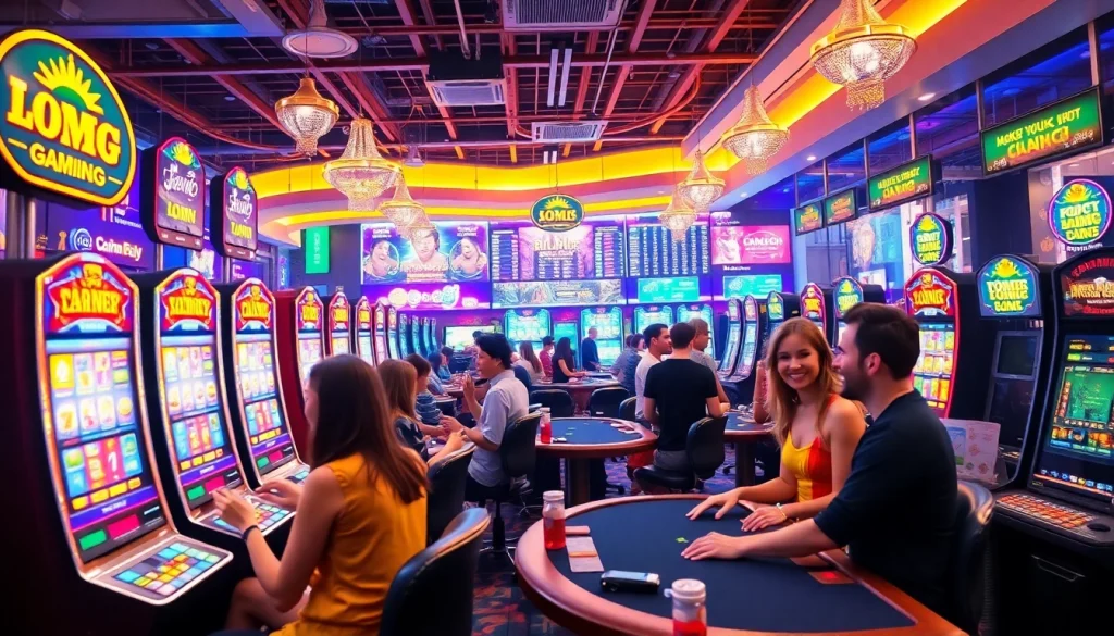 Exciting online gaming atmosphere featuring diverse players at https://mm88.sa.com/, showcasing slot machines and poker tables.