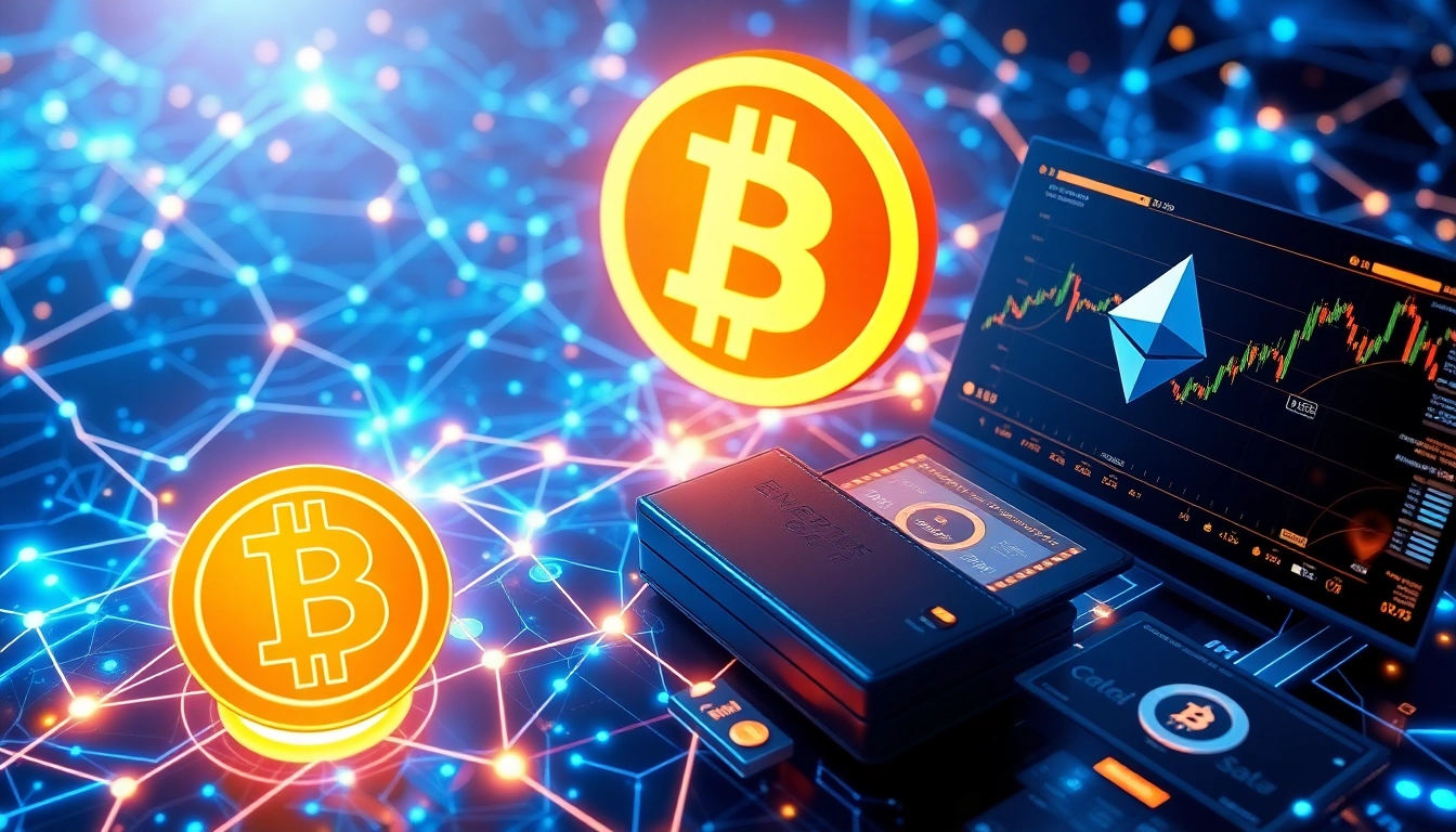 Cryptocurrency trading environment featuring Bitcoin and blockchain visuals, digital wallets, and candlestick charts.