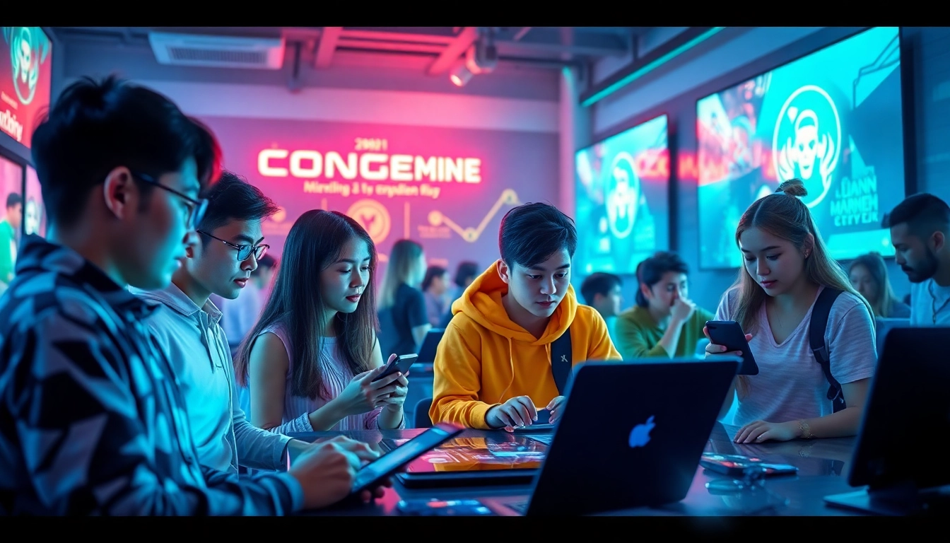 Dynamic gaming community scene showcasing LIÊN MINH KJC with diverse players interacting online.