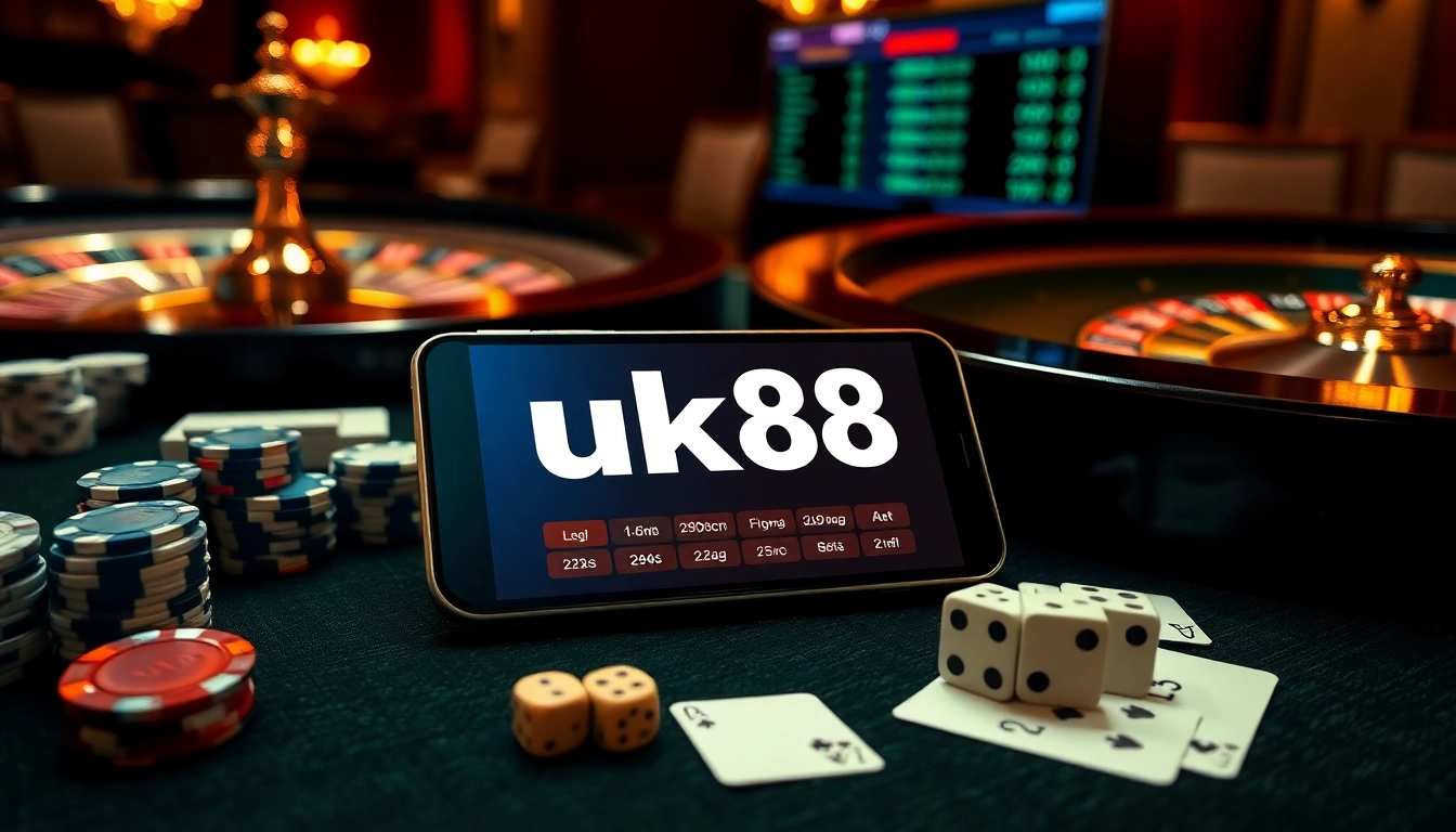 Playing cards and chips with the uk88 app interface on a sleek smartphone at a casino table.