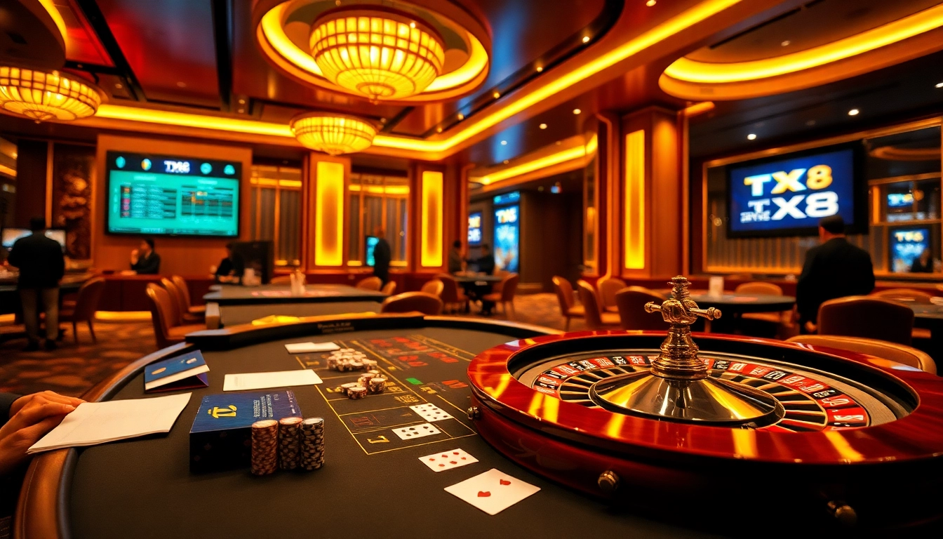 Experience excitement at TX88 casino with illuminated gaming tables and vibrant poker chips.