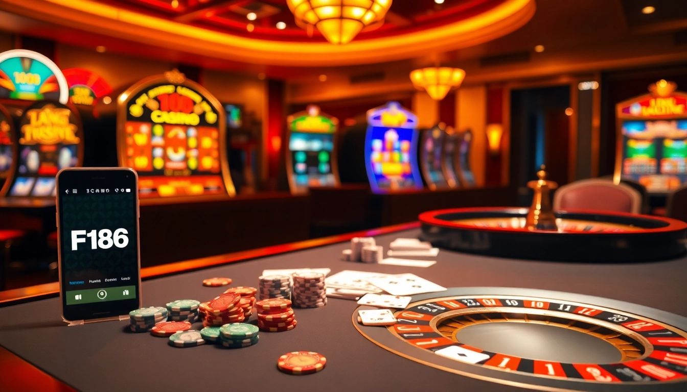 F168 online casino scene with luxurious gaming tables, poker chips, and slots, capturing excitement.