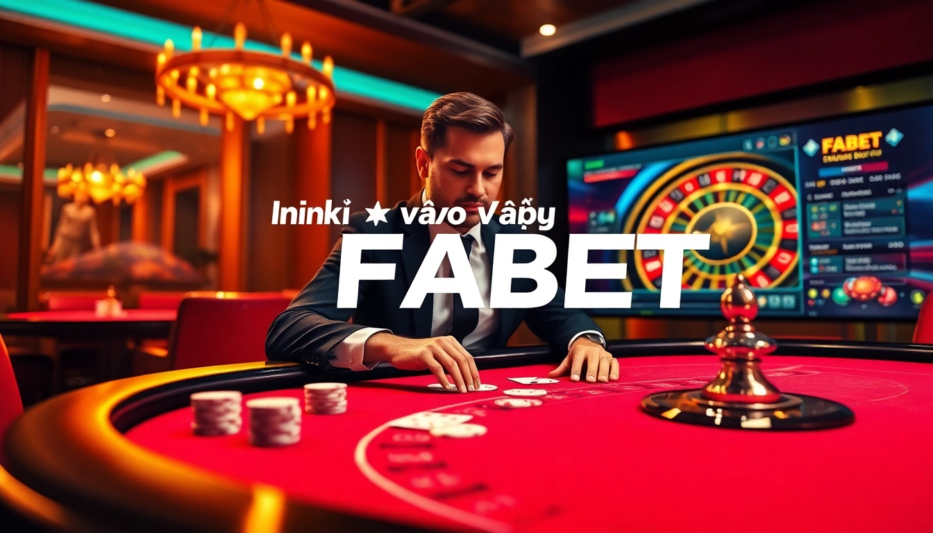 Experience the excitement of online gaming with "Link vào FABET" showcasing poker chips and casino tables.