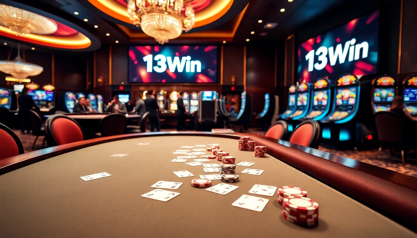 Action-packed casino scene at 13Win with poker chips and a roulette wheel.
