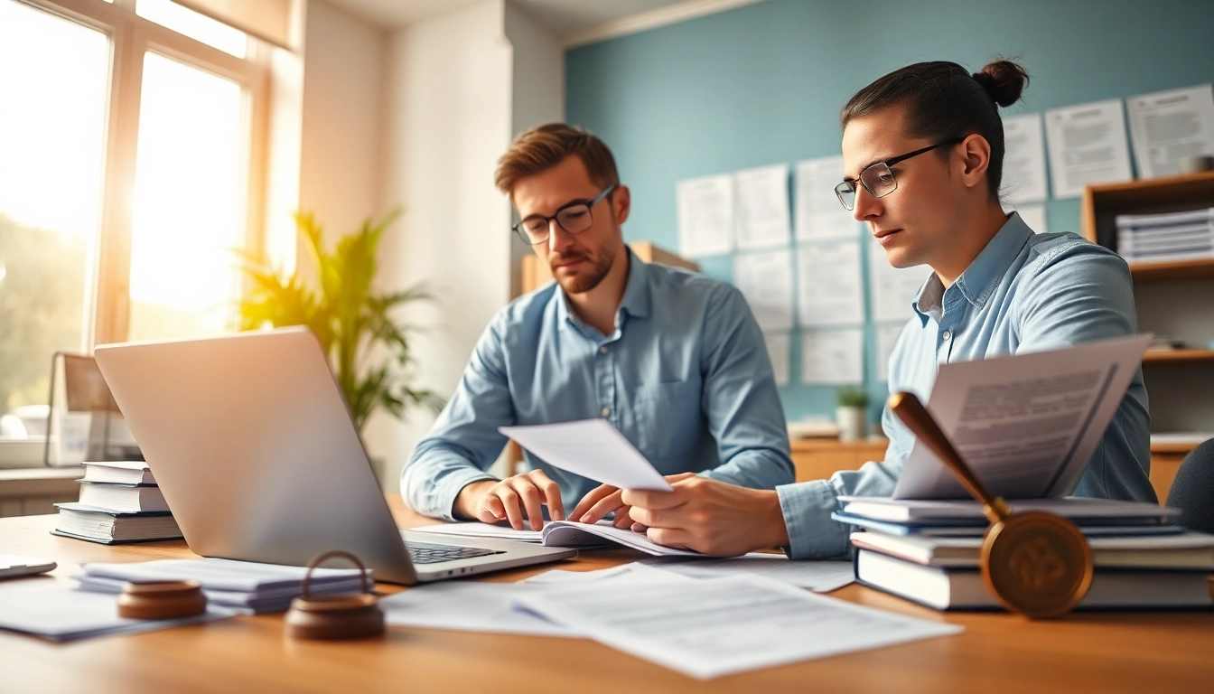 Professional translator engaged in certified translation services with documents and a laptop in a modern office setting.