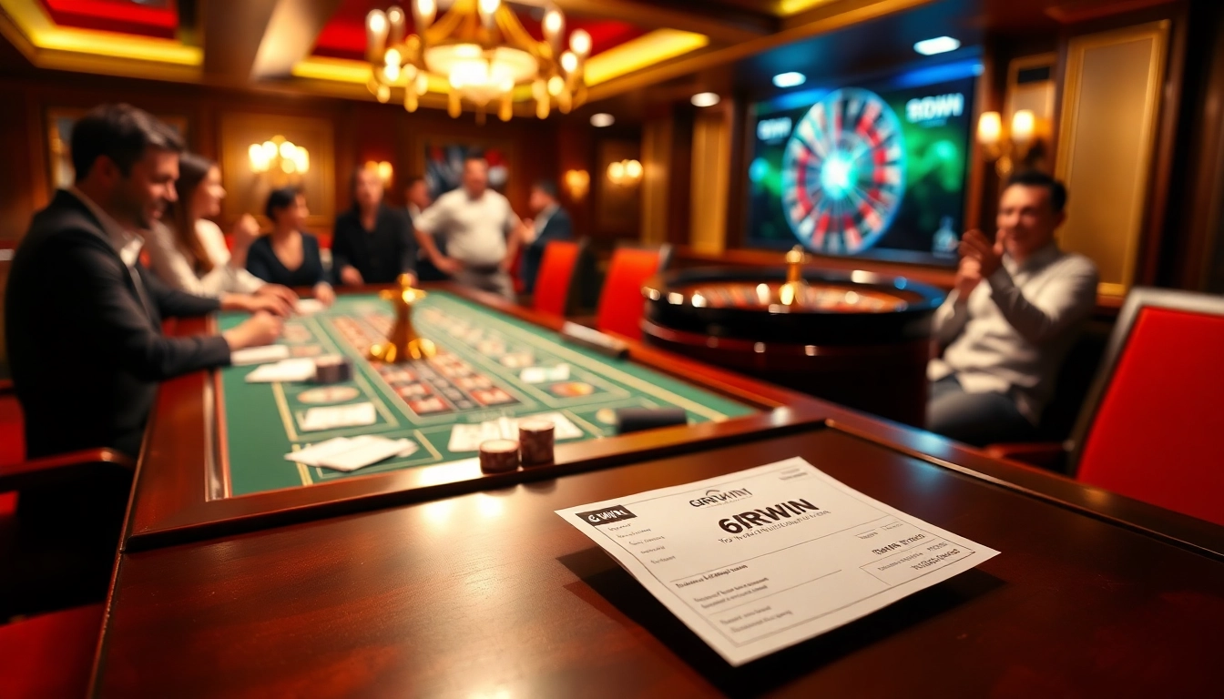 Experience excitement at a poker table with vibrant chips and the 6RWIN logo in a luxurious casino.