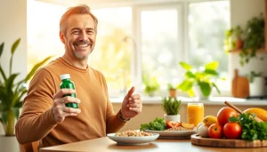 Pura Boost energizing supplement showcased by a confident man in a bright kitchen, symbolizing vitality and health.