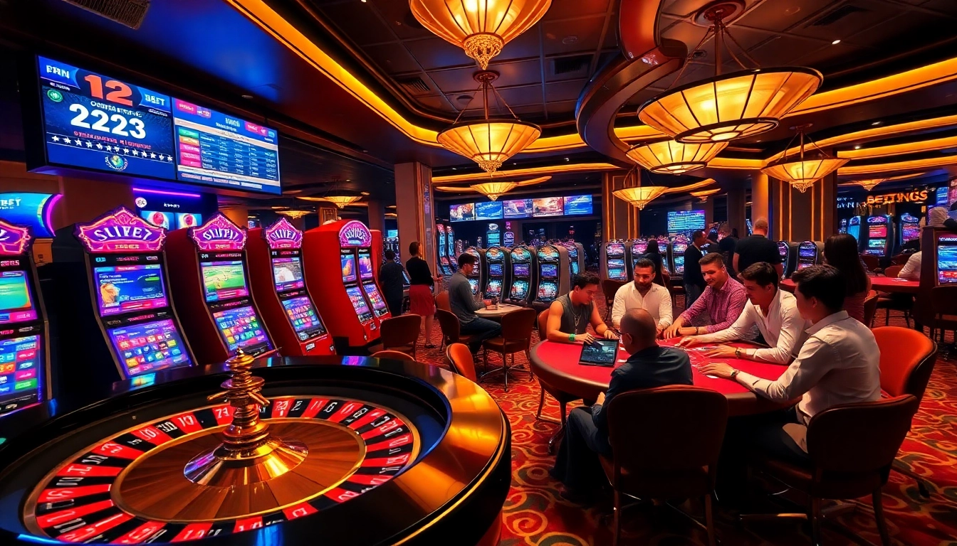Gamblers enjoying excitement at a 12bet casino with vibrant roulette wheels and engaging slot machines.