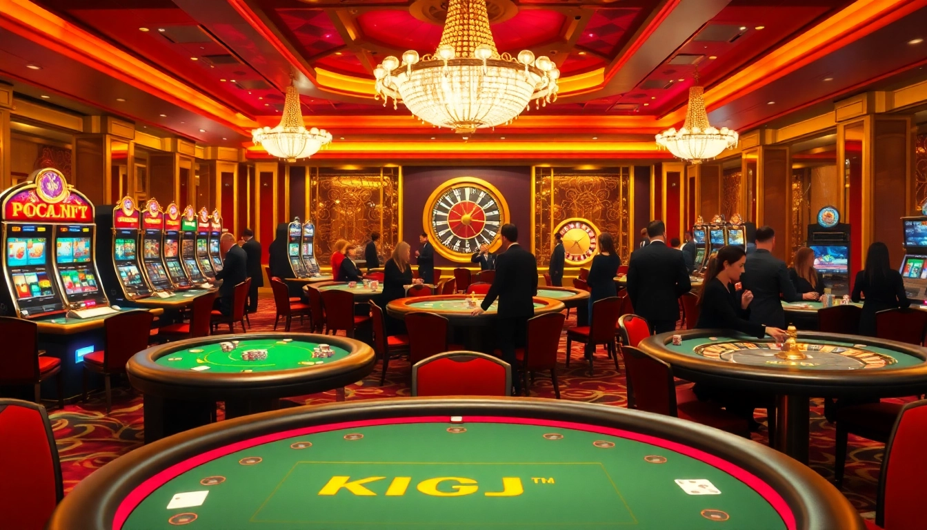Experience the thrill of KJC gaming at luxurious casino tables adorned with colorful chips and lights.