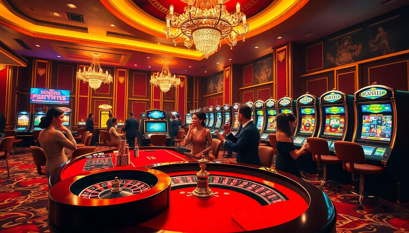 Players enjoying thrilling games at https://xin88it.com/, featuring roulette and poker in a vibrant casino.