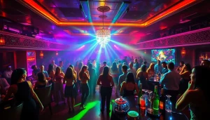 Night club sxm atmosphere with vibrant lights, dancing guests, and elegant decor.