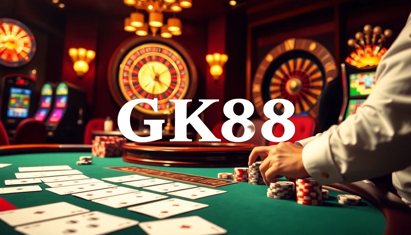 GK88 offers an engaging poker table scene with vibrant chips and cards, showcasing unique casino excitement.