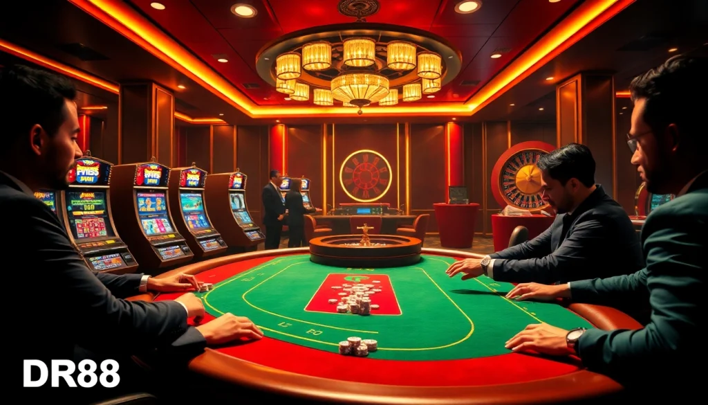 Experience the thrill of gaming at DR88 with vibrant slot machines and poker action.