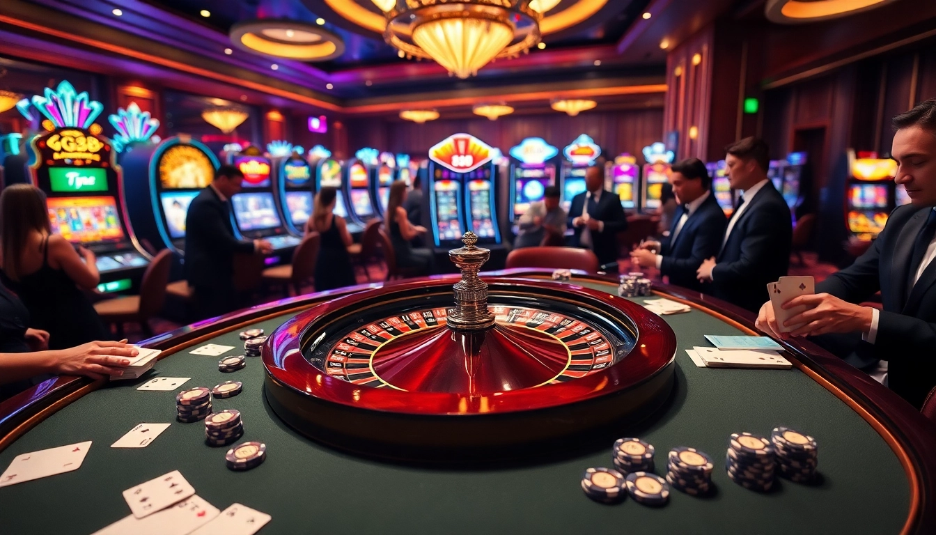 Experience high-stakes gaming at GG88's luxurious casino tables, featuring poker chips and vibrant roulette wheels.