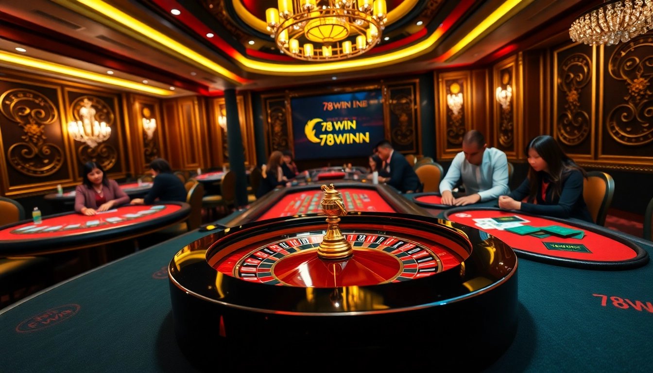 Players enjoying a thrilling poker game at 78WIN casino, surrounded by vibrant decor and excitement.