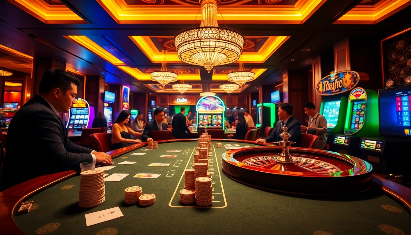 Experience thrilling gameplay at DA88 with a luxurious casino scene featuring poker tables and roulette wheels.