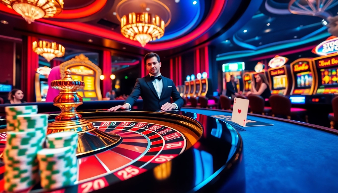 Engaging scene of gamblers enjoying rr88 casino games at an upscale venue with roulette and poker.