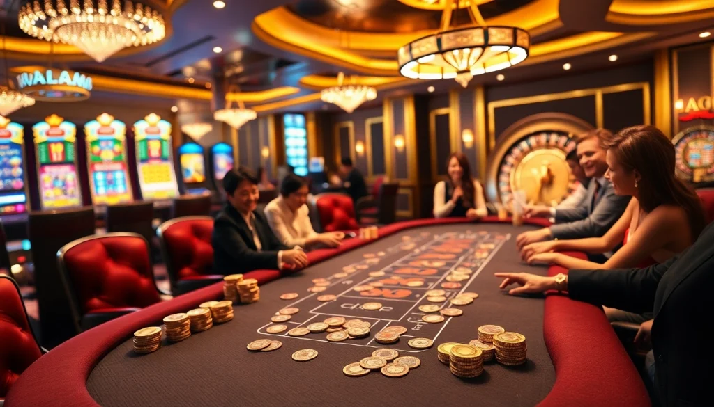 Players engaging at a blackjack table, showcasing excitement at https://jun88buzz.info/ with vibrant casino elements.
