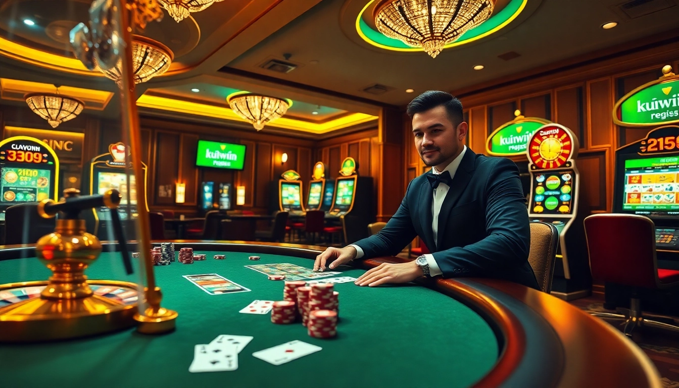 Engage in the thrilling online casino experience with đăng ký kuwin, featuring a luxurious poker table and vibrant gaming atmosphere.