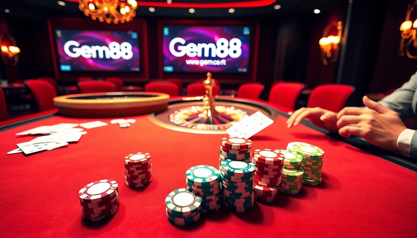Experience the thrill of gambling at Gem88 with a vibrant casino table full of action.