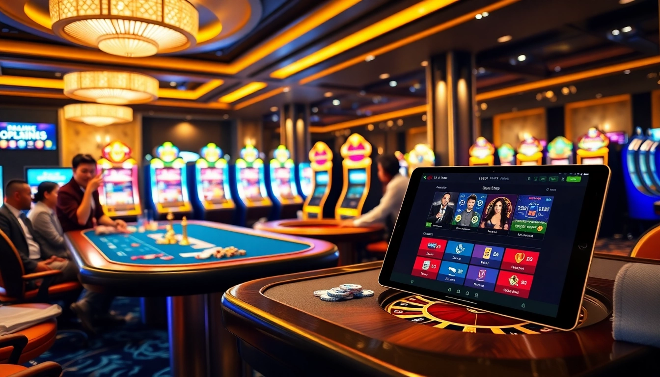 Experience thrilling gameplay at USBET’s luxurious casino tables with vibrant slot machines.
