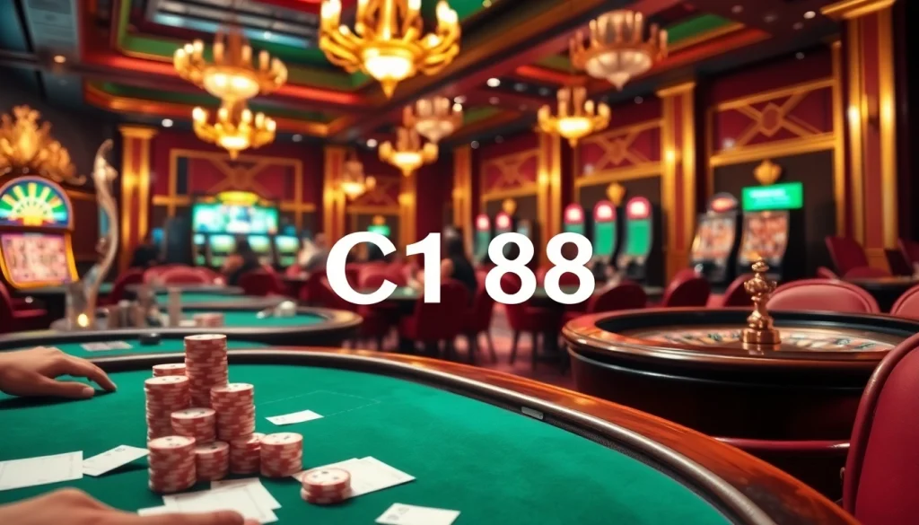 C168 casino scene depicting high-stakes poker and vibrant slot machines, capturing excitement and luxury.