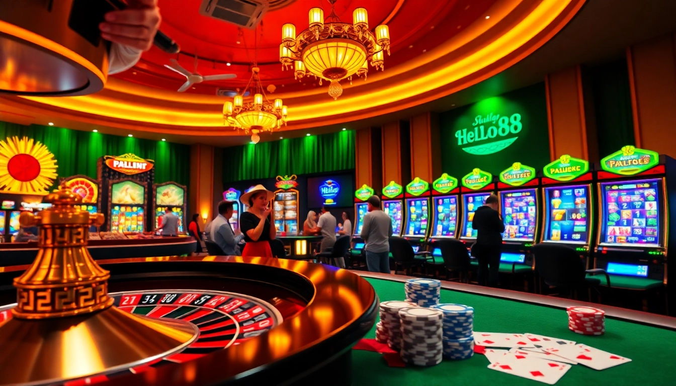 Hello88 online casino scene with roulette and slot machines in a luxurious atmosphere evoking excitement.
