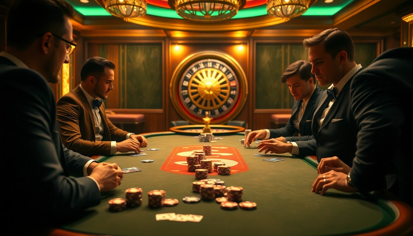 Engaged players at BU88 enjoying a thrilling poker game in an elegant casino setting.