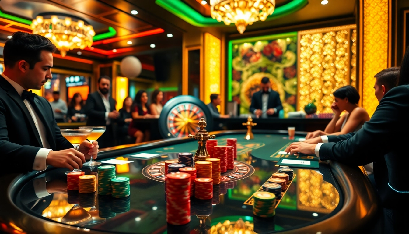 Players strategizing at a poker table with vibrant chips, capturing the essence of https://go8.gdn/ gaming excitement.