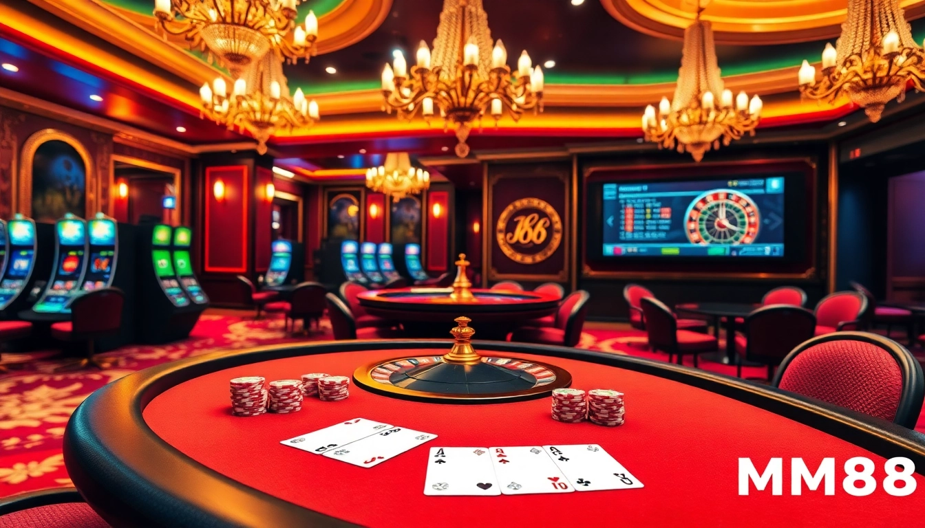 Experience luxury gaming at MM88 with a stylish poker table and vibrant casino atmosphere.
